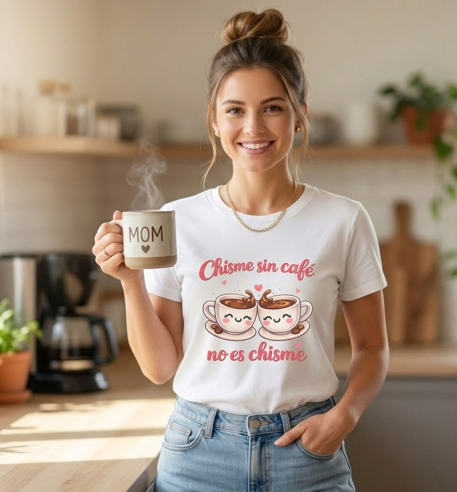 Women's Tee - "Chisme sin café, no es chisme" Cute Coffee Cups Spanish Graphic Shirt